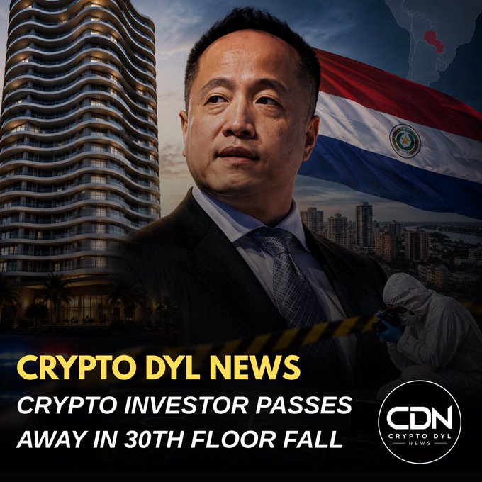 A composite news graphic features a portrait of a suited man centered before a high-rise building, the Paraguayan flag, and a forensic investigator in protective gear at a crime scene tape. The overlay reads "CRYPTO DYL NEWS – CRYPTO INVESTOR PASSES AWAY IN 30TH FLOOR FALL" alongside the "CDN" logo, visually framing the headline with imagery suggesting an investigation and a fatal incident from a tall building.