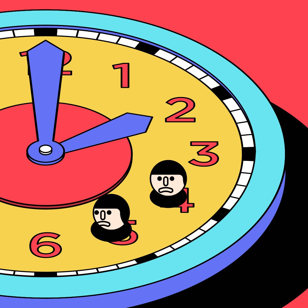 A stylized cartoon clock face displays the numbers "1, 2, 3, and 6" with blue hands pointing near the 12 and 3 positions, alongside two small character figures, visually reinforcing the urgency of the post's "Time's Ticking" countdown message about a live event starting in 1 hour.