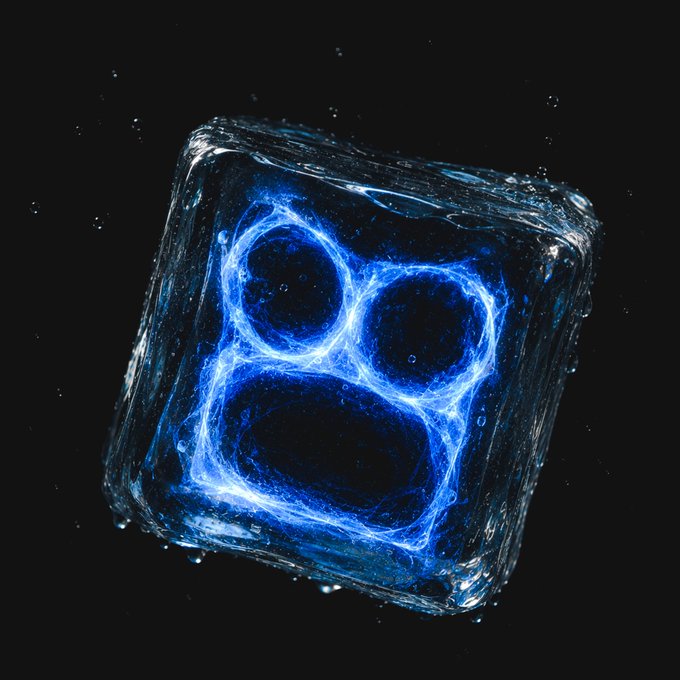 A 3D rendered image of a translucent ice cube featuring a glowing blue sad/worried face design inside it, set against a black background.