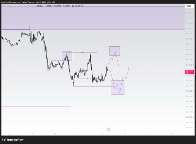 A TradingView chart shows Bitcoin (BTC/USD) price movement with hand-drawn purple rectangles and arrows indicating a potential price scenario.