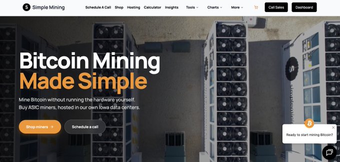 A screenshot of the Simple Mining website homepage with the headline 'Bitcoin Mining Made Simple' overlaid on an image of ASIC mining hardware in a data center.