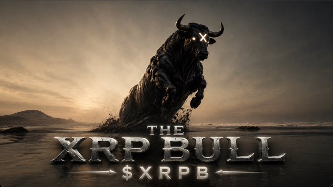 A dark, powerful bull with glowing X-shaped eyes rises out of the ocean at sunset, with text reading "THE XRP BULL — $XRPB" displayed below. The dramatic imagery visually represents the bullish $XRPB meme token, tied to the post's bold claim that #XRP will soar to $1,000.