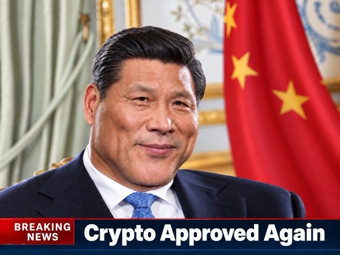 The image shows Chinese President Xi Jinping with a Chinese flag in the background, accompanied by a "BREAKING NEWS" banner that reads "Crypto Approved Again," illustrating the prompt's claim that China is currently "bullish" on cryptocurrency.