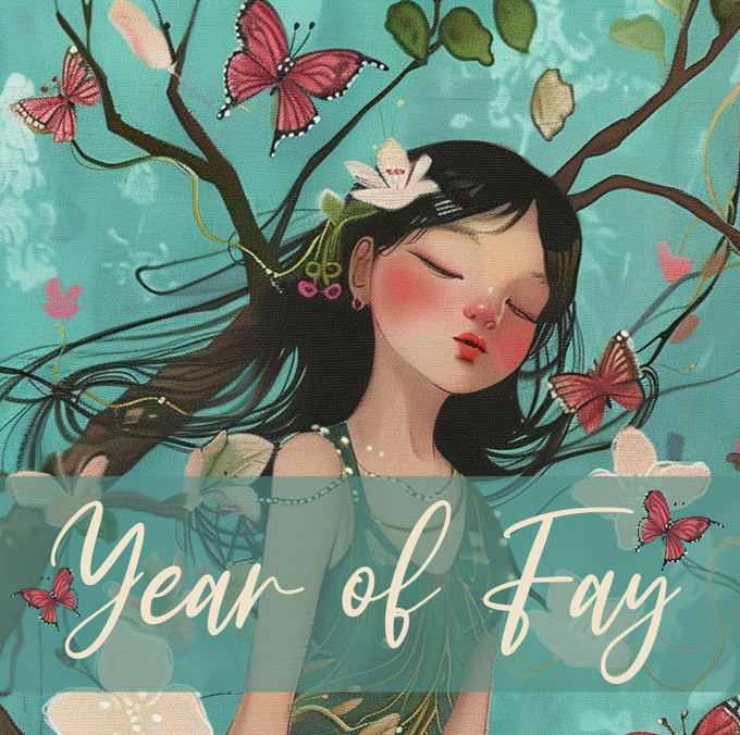 An illustrated portrait shows a girl with closed eyes, a flower in her hair, surrounded by pink butterflies and tree branches, with the cursive text 'Year of Joy' overlaid on a teal background.