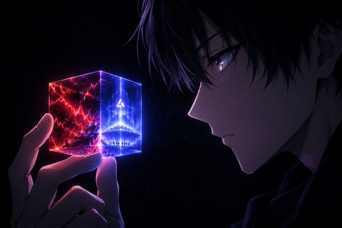 Anime-style artwork depicting a dark-haired character holding a glowing cube split between red cracked energy and a blue futuristic structure.