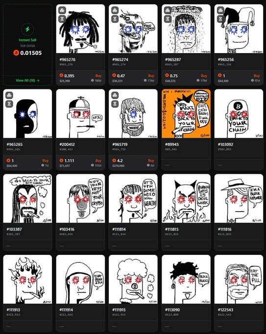 A grid of crudely drawn "On the Margin Bitches" (OMB) Bitcoin Ordinals NFTs, each featuring a face with dollar signs for eyes and various text bubbles, with prices ranging from 0.1 to 4.2 BTC and Bitcoin amounts starting at $25,396, supporting the post's claim about low entry prices for these ordinal art collectibles.