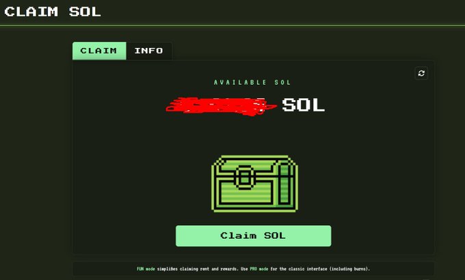 A pixel-art style interface titled "CLAIM SOL" showing "AVAILABLE SOL" with a partially redacted amount, a green chest icon, and a "Claim SOL" button.