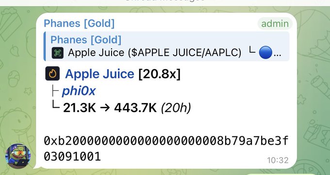The screenshot shows a Telegram message from "Phanes [Gold]" (admin) highlighting the "Apple Juice ($APPLE JUICE/AAPLC)" meme pair on Base, boasting a 20.8x gain from 21.3K to 443.7K in 20 hours, along with a wallet address (0xb20000000000000000000008b79a7be3f03091001). This visual supports the post's excitement about the AAPL meme coin rally and teases upcoming GOOGL-related pairs ($RAWR, $DUMB) on the playground platform.