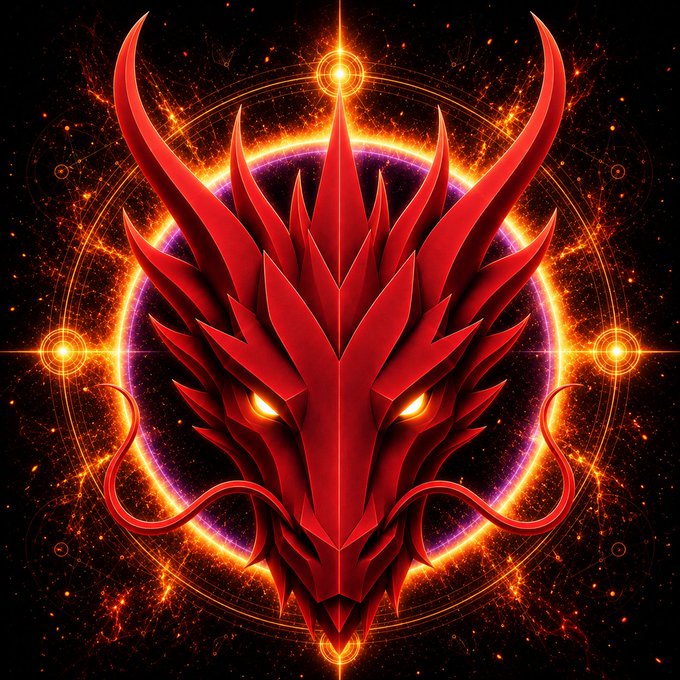 A stylized digital artwork featuring a fierce red dragon head with glowing eyes set against a circular fiery emblem with cosmic, starry background.