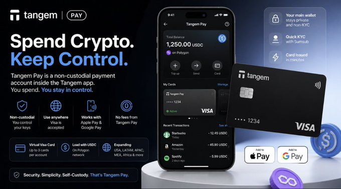 A promotional banner for "Tangem Pay" with the headline "Spend Crypto. Keep Control." It advertises a non-custodial payment account and shows a smartphone app interface alongside a Visa card, mentioning support for Apple Pay and Google Pay.