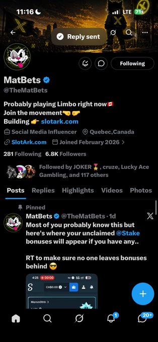 A Twitter/X profile screenshot for @TheMatBets, a Social Media Influencer from Quebec, Canada, with 6.8K followers promoting Slotark.com gambling.