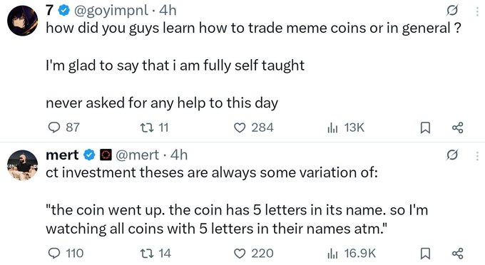 The image features a Twitter post with two different tweets about trading coins or meme coins, written by two people. One of them has tagged their account with "algo", which suggests that they are discussing some sort of trading strategy or coin-related topic related to algos. The other person's tweet is not tagged and does not contain any specific hashtag.
