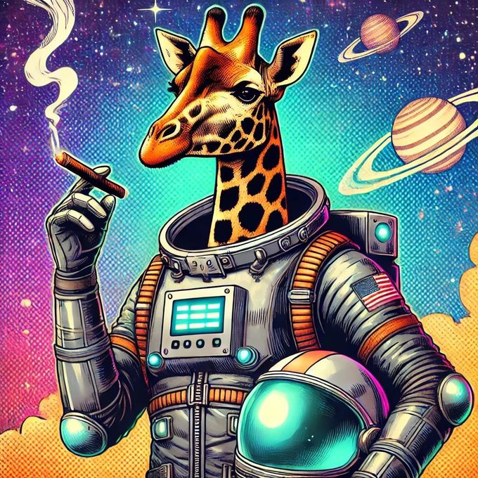 A giraffe in a futuristic spacesuit smokes a cigar against a vibrant cosmic backdrop featuring Saturn-like planets and stars, with an American flag patch visible on the suit's shoulder. The image visually ties into the post's "Smoking giraffes" meme theme for the $GRAF token, whose contract address is displayed below.