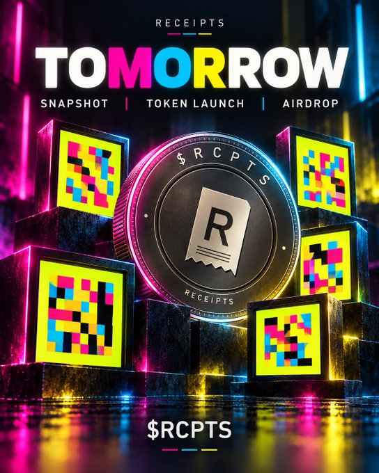 A vibrant neon-lit promotional graphic for the "$RCPTS" token, featuring a central coin displaying "$RCPTS / RECEIPTS" surrounded by glowing QR codes, with bold text announcing "TOMORROW — SNAPSHOT | TOKEN LAUNCH | AIRDROP." The image ties into the post "Must sweep more receipts" by visually playing on the "receipts" meme alongside the actual token ticker "$RCPTS," suggesting both collecting digital proof and scooping up the upcoming airdrop before the snapshot.