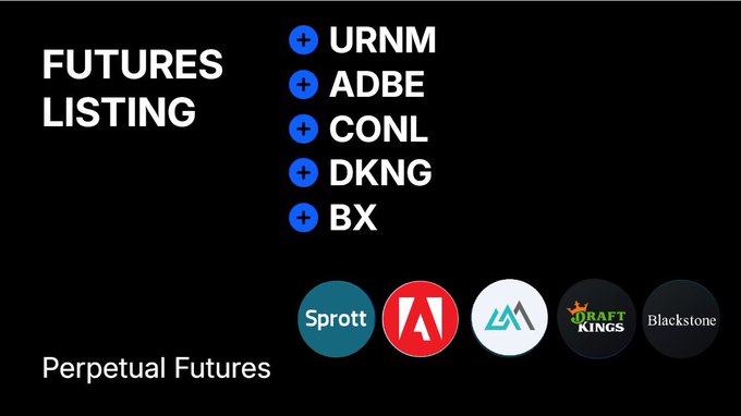 A black promotional graphic titled "FUTURES LISTING" announces new perpetual futures on BingX, featuring the tickers URNM, ADBE, CONL, DKNG, and BX, each marked with a blue plus icon. Below the list, circular logos represent Sprott (URNM), Adobe (ADBE), leveraged products (CONL), DraftKings (DKNG), and Blackstone (BX), aligning with the post's highlights of uranium, tech, leveraged products, sports betting, and alternative asset markets.