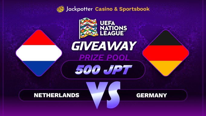 A purple promotional graphic for a Jackpotter Casino & Sportsbook UEFA Nations League giveaway featuring the Netherlands versus Germany flags, with a "PRIZE POOL 500 JPT".