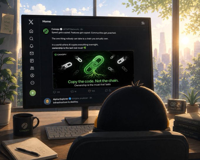 A person wearing a black cap sits at a desk viewing a social media feed about 'Canopy Network' discussing AI copy and digital ownership, with the post stating 'Copy the code. Not the chain.'