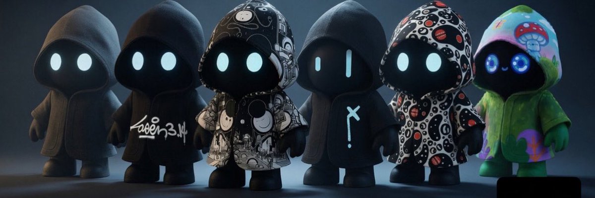 Row of six small hooded vinyl figures with glowing blue eyes, dressed in various patterned hoodies including plain gray, black-and-white manga print, and a colorful mushroom-themed design.