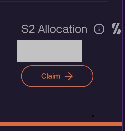 A digital interface panel on a dark background displaying 'S2 Allocation' text above a white rectangular block and an orange 'Claim' button with an arrow.