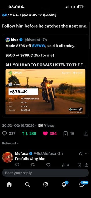 A screenshot of a social media post by kivo (@kivoxbt) showing a 125x return on $WWW token ($500 → $79K), with user @SolMufasa commenting "I'm following him," while the accompanying post displays a Solana contract address for $WWW as a token recommendation.