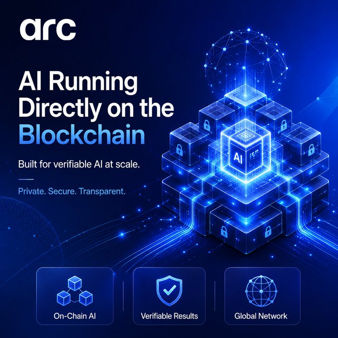 A promotional graphic for 'arc' features the headline 'AI Running Directly on the Blockchain,' with icons highlighting 'On-Chain AI', 'Verifiable Results', and 'Global Network' against a blue technological background.