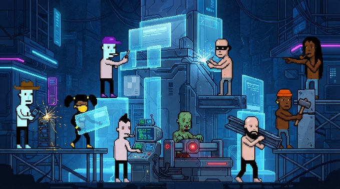 Pixel art illustration depicting various characters engaged in industrial activities within a futuristic, neon-lit facility, featuring workers operating machinery, welding, and handling equipment.