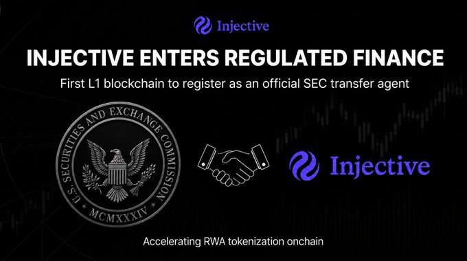 A promotional graphic for Injective blockchain announcing 'INJECTIVE ENTERS REGULATED FINANCE' as the 'First L1 blockchain to register as an official SEC transfer agent,' featuring the SEC seal and a handshake icon.