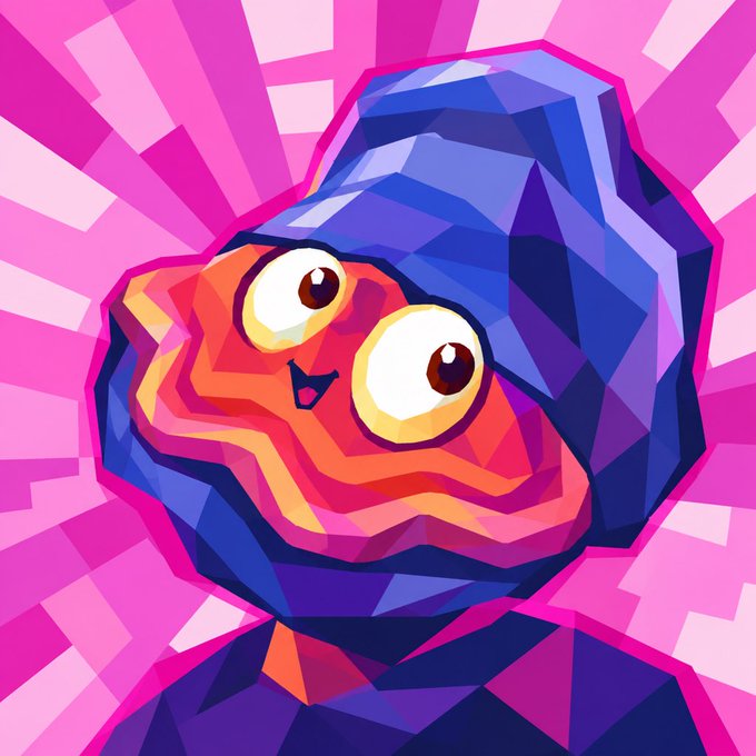 A digital illustration features a stylized character with a geometric, blue head covering and large expressive eyes against a vibrant pink radiating background.