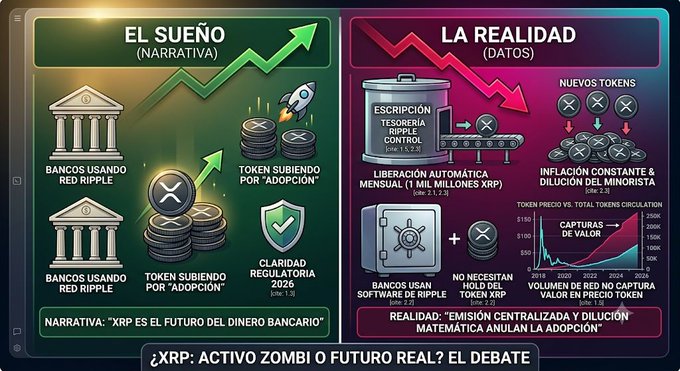 The image presents two side-by-side charts with the XRP currency being represented on one side and a zombie asset being shown on the other. The chart for XRP has a green line indicating its current state, while the one for the zombie asset displays a red line, signifying the decline in value. The content of the image is related to a debate regarding whether XRP or the zombie asset (zombie) will have a real future or if they are looking at an asset that resembles a zombie due to the market trends and projections.