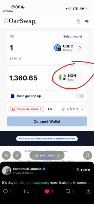 Screenshot of OarSwap app on TikTok by Emmanuel Onuoha (@waverchocs) showing a sell transaction of 1 USDC for 1,360.65 NGN, with the NGN Base option circled in red.
