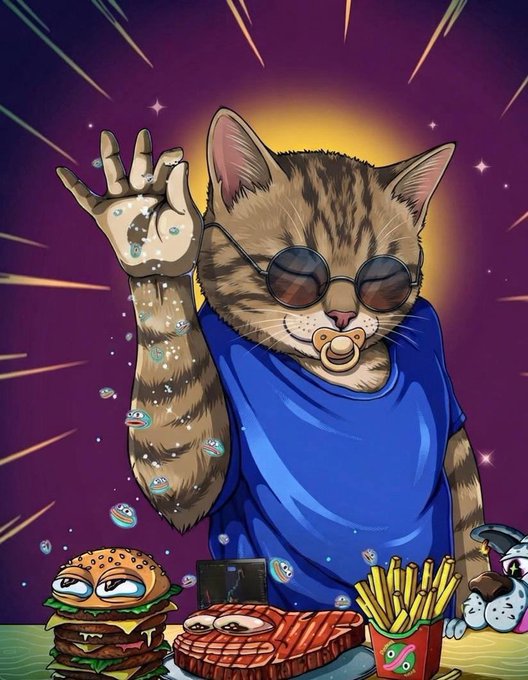 An illustration of a cat wearing sunglasses and a pacifier, a blue shirt, raising its hand while small fish-like bubbles float around it, with a burger, steak, and fries displayed in the foreground.