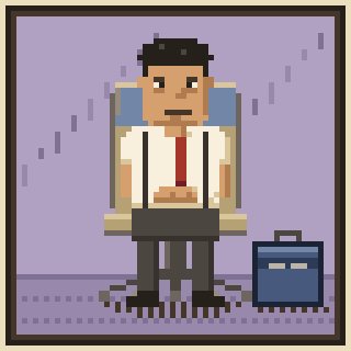 Pixel art of a man in a white shirt and red tie sitting in a chair with a briefcase beside him on a purple background.