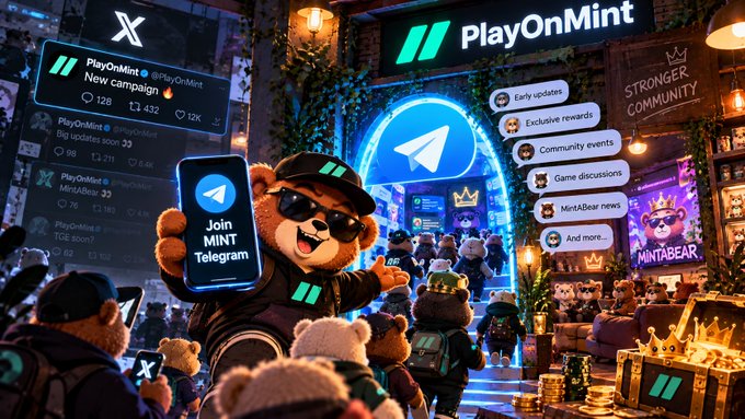 A digital illustration advertising "PlayOnMint" featuring a teddy bear wearing sunglasses and a cap holding a phone displaying the Telegram logo, with various UI elements including a campaign tracker showing 'New campaign' at 432, alongside menu options like "Early updates," "Exclusive rewards," and "MINTABEAR."