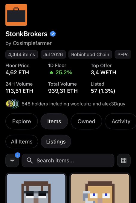The image displays the NFT collection "StonkBrokers" with a floor price of 4.62 ETH and a 24H volume of 113.51 ETH. The post likely refers to the current state of this collection, which is indicated to be suffering based on the user's distress.