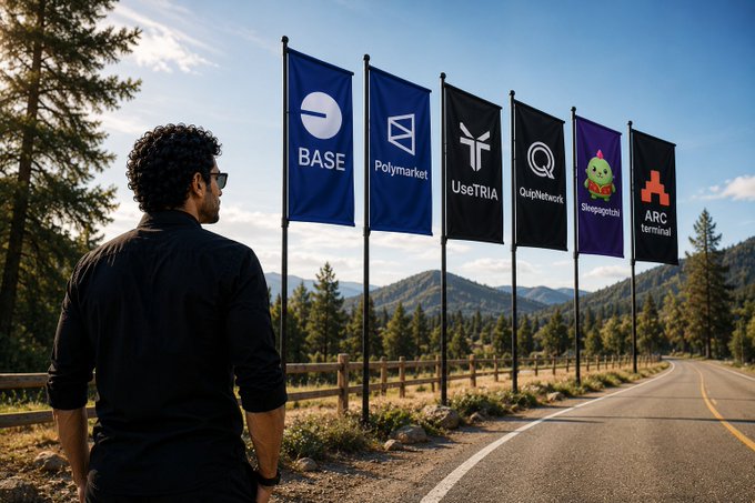 The image features a man standing next to a road with five different banners hanging above him, each displaying a logo or name of a company. The man appears to be looking at these banners, possibly contemplating which one he should choose for his own business or personal brand. The text in the image reads "I'M committed to: #base mastery", indicating that the man is dedicated and focused on achieving success through the chosen company's offerings.