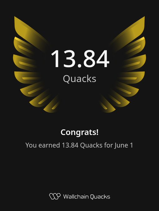 The image shows a poster featuring a gold bird with wings, and numbers that appear to be Quack-related or possibly about Quacks. The image appears to be part of an app, likely related to Quackology where users can earn Quack points by participating in various activities.