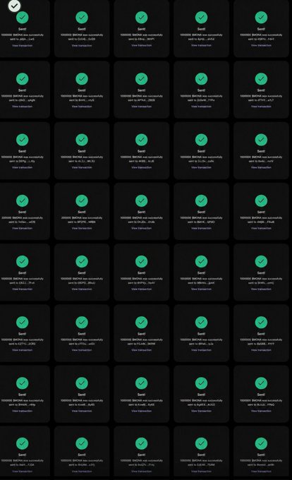 A grid of green checkmarks on dark cards reading "Sent! 0x0000... successfully sent to [address], first transaction" is shown, supporting the post's claim of a completed $MONA airdrop where the first 1,000 participants will receive up to 100,000 $MONA for following, liking, retweeting, and dropping a $SOL address.