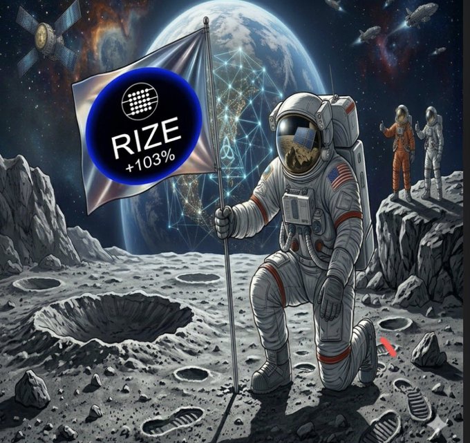 Digital artwork of an astronaut on a lunar surface planting a flag that displays the "RIZE +103%" logo, with Earth, a network visualization, and two other astronauts in the background.