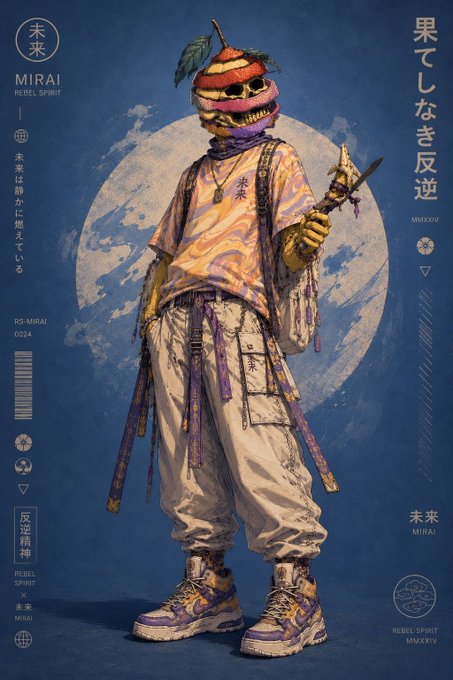 A digital art piece titled "MIRAI" by RS-MIRAI (0024) depicts a masked, futuristic rebel-spirit figure adorned with a skull-like face, vibrant patterned clothing, and a sword, set against a blue background with a pale moon. The Japanese text reads "果てしなき反逆" (Endless Rebellion) and "未来" (Future/Mirai), fitting the post's theme of buying JPEGs as a leisurely weekend activity of acquiring digital collectible art.