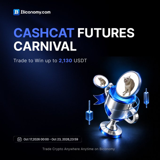 A dark advertisement displays 'CASHCAT FUTURES CARNIVAL' by Biconomy.com, offering a chance to 'Trade to Win up to 2,130 USDT' between Oct 17 and Oct 23, 2026, featuring a 3D graphic of a cat on a coin.