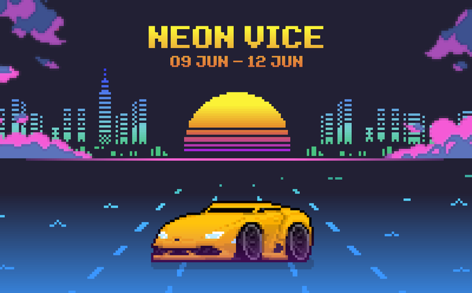 The image features a neon-colored car driving down a road through the city at night, with buildings and skyscrapers surrounding it. In the background, the sky displays an orange sunrise or sunset, which adds a warm glow to the scene. The text in the image suggests that this is a game being played on a platform like Steam, where players can collect items like Miner (achieveance) as they progress through levels. It appears to be a fun and engaging way for people to enjoy driving and exploring the city at night, with points or rewards available depending on their performance in the game.