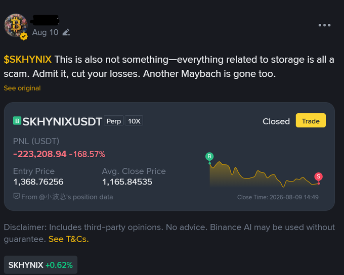 A social media post from August 10 comments on '$SKHYNIX', describing storage-related matters as a scam, and includes a Binance trading card showing a closed perpetual position with a PNL of -223,208.94 USDT (-168.57%).