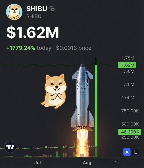 A cryptocurrency price tracker displays the "SHIBU" (Shib) token at a market cap of $1.62M with a gain of +1779.24%, featuring a graphic of a rocket ship launching alongside a Shiba Inu dog.