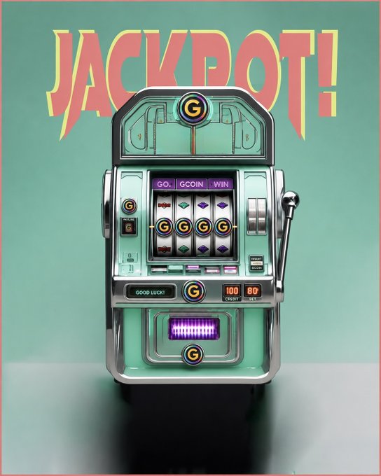 A retro-style slot machine illustration with the text 'JACKPOT!' displayed in bold red letters at the top against a teal background.