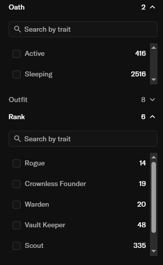 A dark-themed NFT filtering interface shows categories including Oath (Active: 416, Sleeping: 2516), Outfit (8), and Rank with traits like Rogue (14), Crownless Founder (19), Warden (20), Vault Keeper (48), and Scout (335).