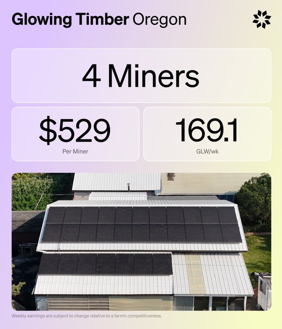 An infographic titled 'Glowing Timber Oregon' showing mining statistics of '4 Miners', '$529 Per Miner', and '169.1 GLW/wk' above an aerial photo of a house rooftop covered with solar panels.