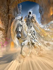 A fantasy digital illustration of a figure in an ornate, flowing white and gold outfit riding a white horse through a stone archway surrounded by pink blossoms.
