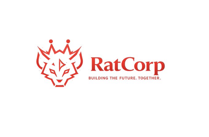 A corporate logo featuring a stylized red dragon/lion mascot with a crown next to the text 'RatCorp' and the tagline 'BUILDING THE FUTURE. TOGETHER.'