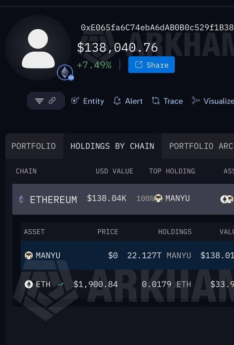 A blockchain portfolio tracker displaying an Ethereum wallet (0xE065fa6C74ebA6dAB0B0c529f1838...) holding $138,040.76, with 100% allocated to 22.127T $MANYU tokens (plus minor ETH), supporting the post's claim of a newly accumulated large $MANYU position.