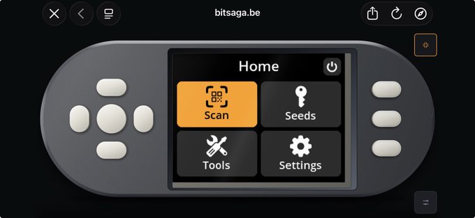 A screenshot of the bitsaga.be SeedSigner simulator running in a mobile browser, displaying the device's home screen with four menu options: Scan, Seeds, Tools, and Settings. The image illustrates the author's recommendation to use the simulator in landscape mode on a phone for a touchscreen-like experience with the offline Bitcoin signing device.